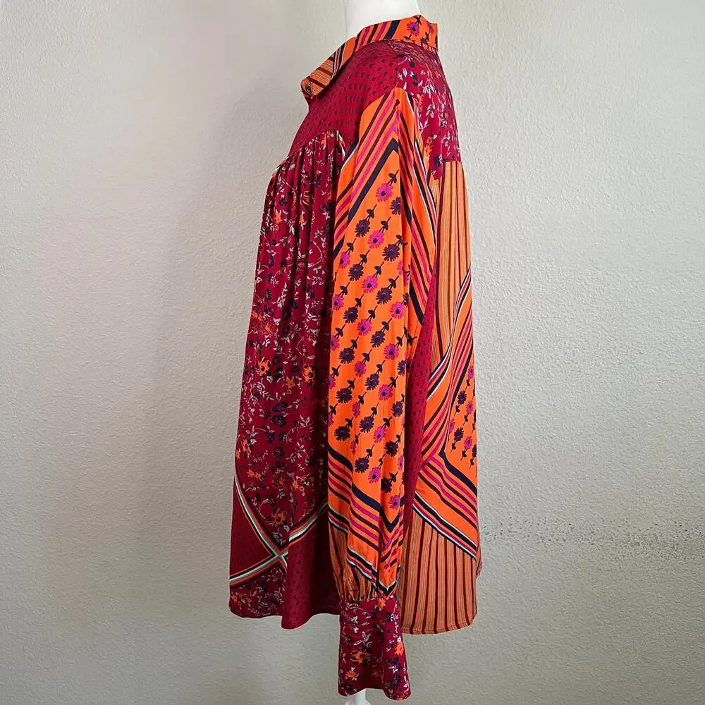 Free People Hazel Patchwork Chili Pepper Button Down Blouse Womens XL Artsy Boho